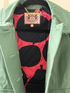 Juicy Couture Mint Green Trench Coat with Black & Pink Polka Dot Lining, cute.